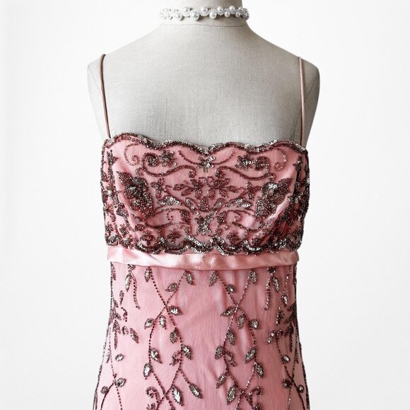 Vintage Pink Knit Bodycon Floral Beaded Mesh Maxi Prom Dress Size M/L - Picture 5 of 10